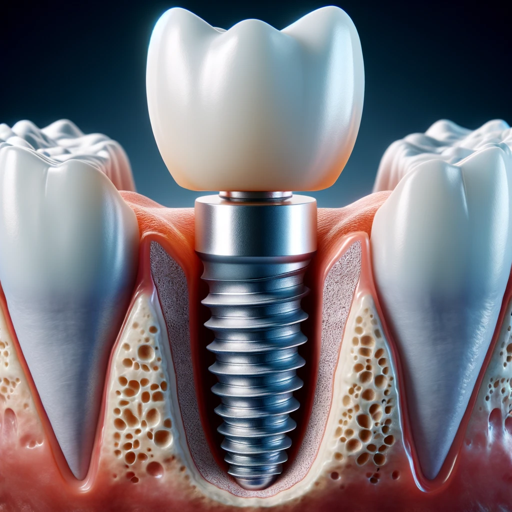 First Image: This is a realistic illustration showing a cross-sectional view of a human jawbone with a titanium dental implant post inserted. The implant post is connected to an abutment, which supports a dental crown resembling a natural tooth. The surrounding gum tissue is visible, and the layers of the jawbone are clearly depicted, highlighting how the implant integrates with the bone.