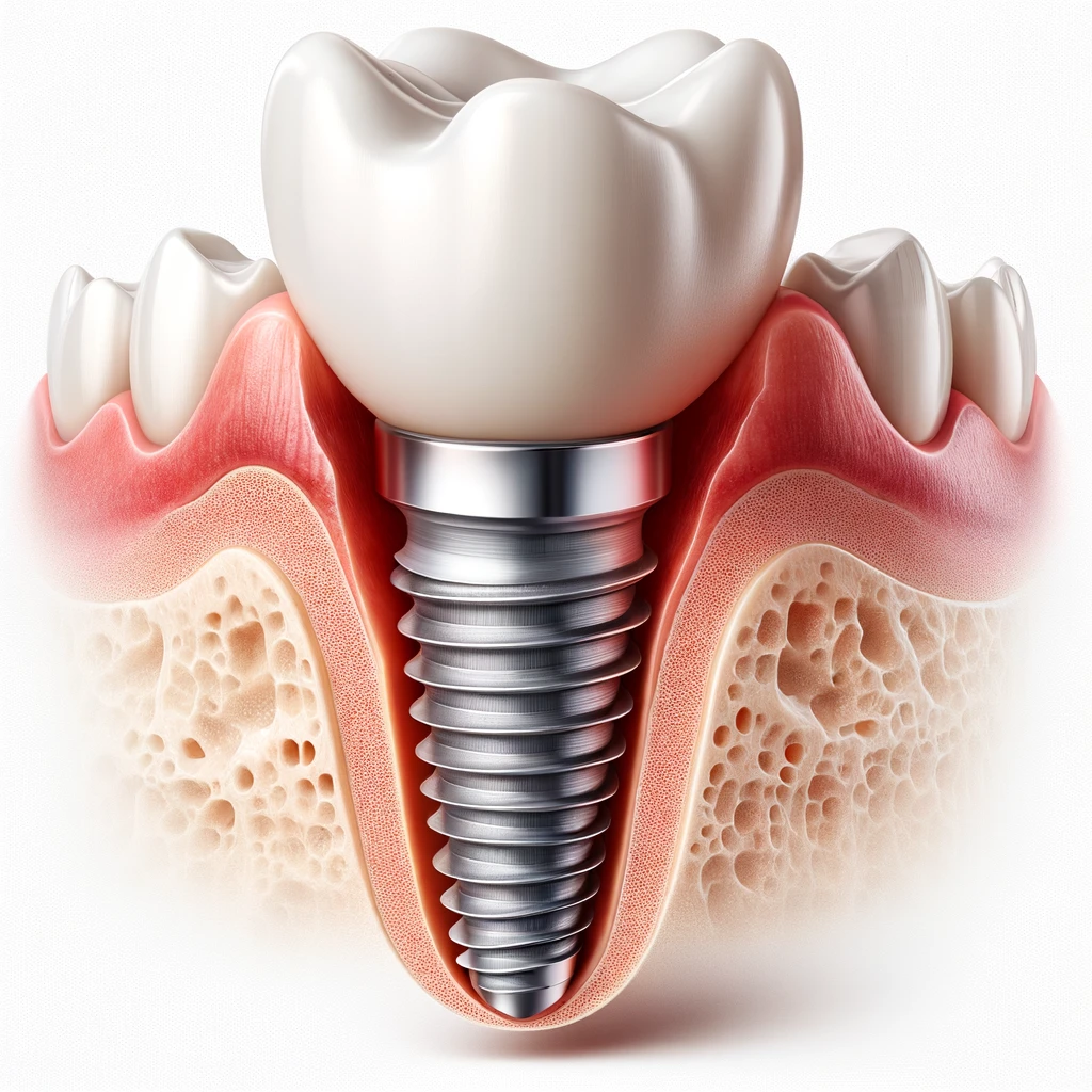 a detailed and realistic cross-section of a human jawbone with a dental implant. The titanium post, abutment, and dental crown are clearly shown. The crown looks like a natural tooth, and the image effectively illustrates the relationship between the implant and the surrounding jawbone and gum tissues.