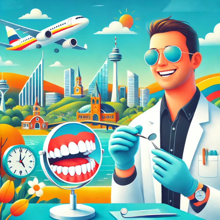 An image showing a dentist holding dental veneers with a happy patient smiling in the foreground, set against the skyline of Medellín. A plane flies overhead, symbolizing easy travel, and a clock highlights minimal time zone differences.